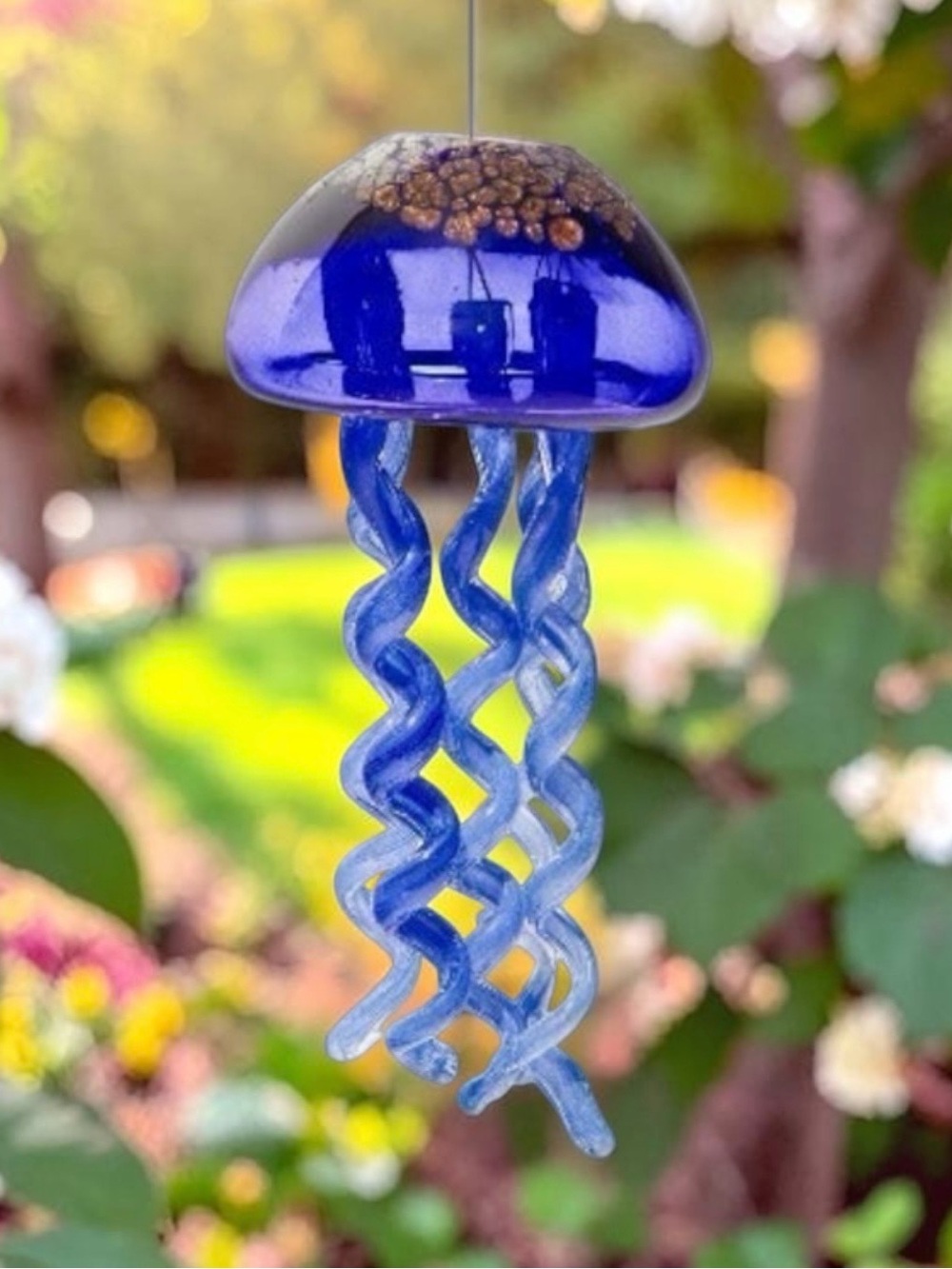 Handblown Blue Glass Jellyfish Hanging Art Chime Large Size larger size